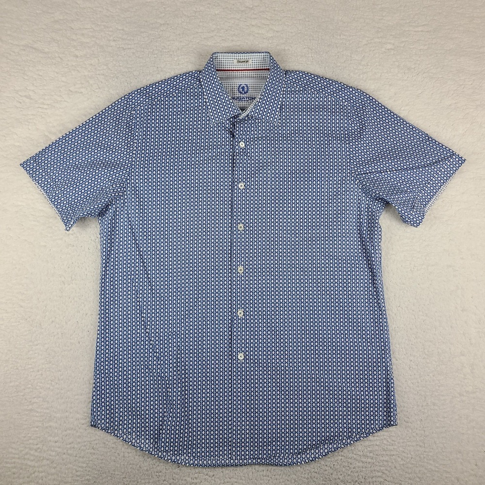 Bugatchi Uomo Shirt Mens Large Blue Shaped Fit Preppy Hawaiian Button Up